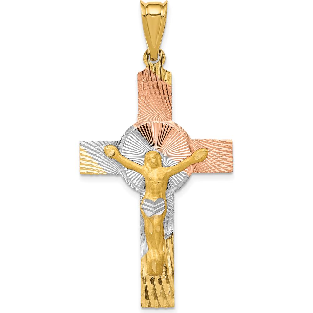 14K Yellow Gold Iona Crucifix Cross Pendant with Rose and White Rhodium Accents - 48mm Length by Oro Pregiato