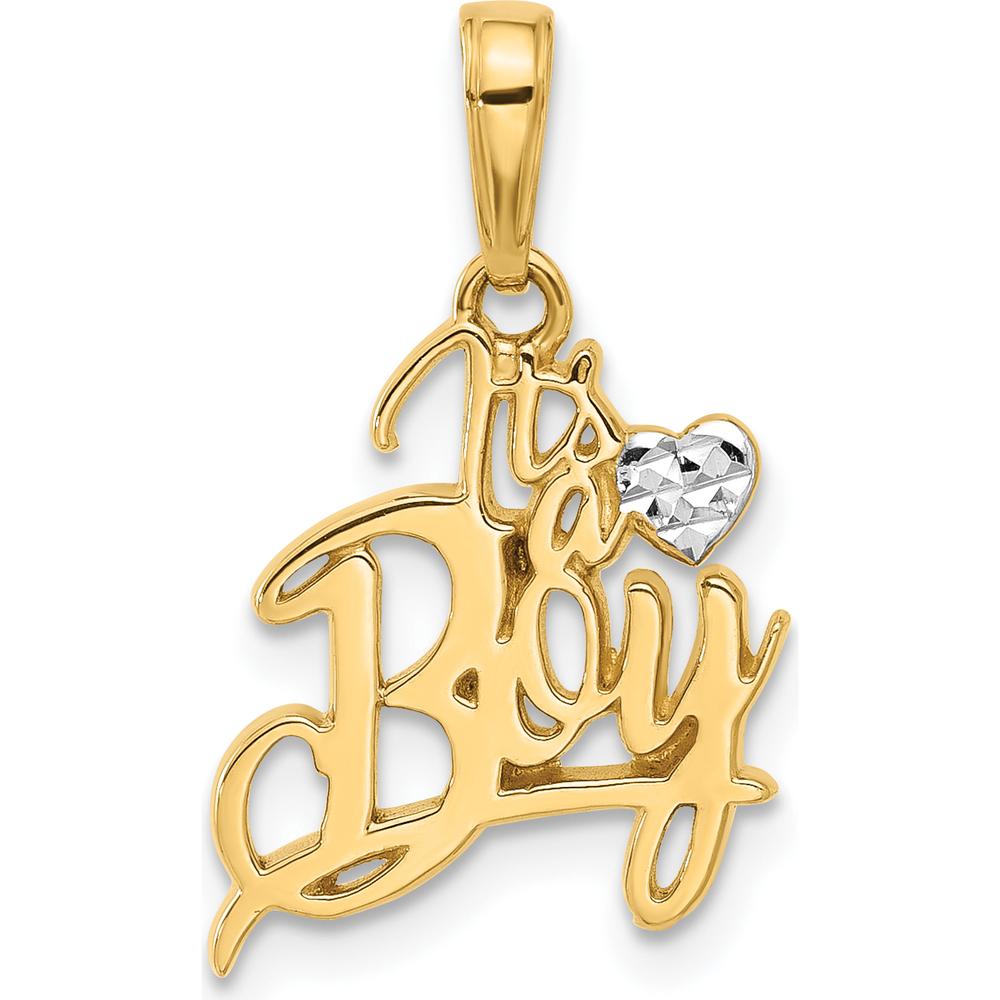 14K Yellow Gold "IT'S A BOY" Heart Pendant with Diamond-Cut Texture and Rhodium Accent by Oro Pregiato