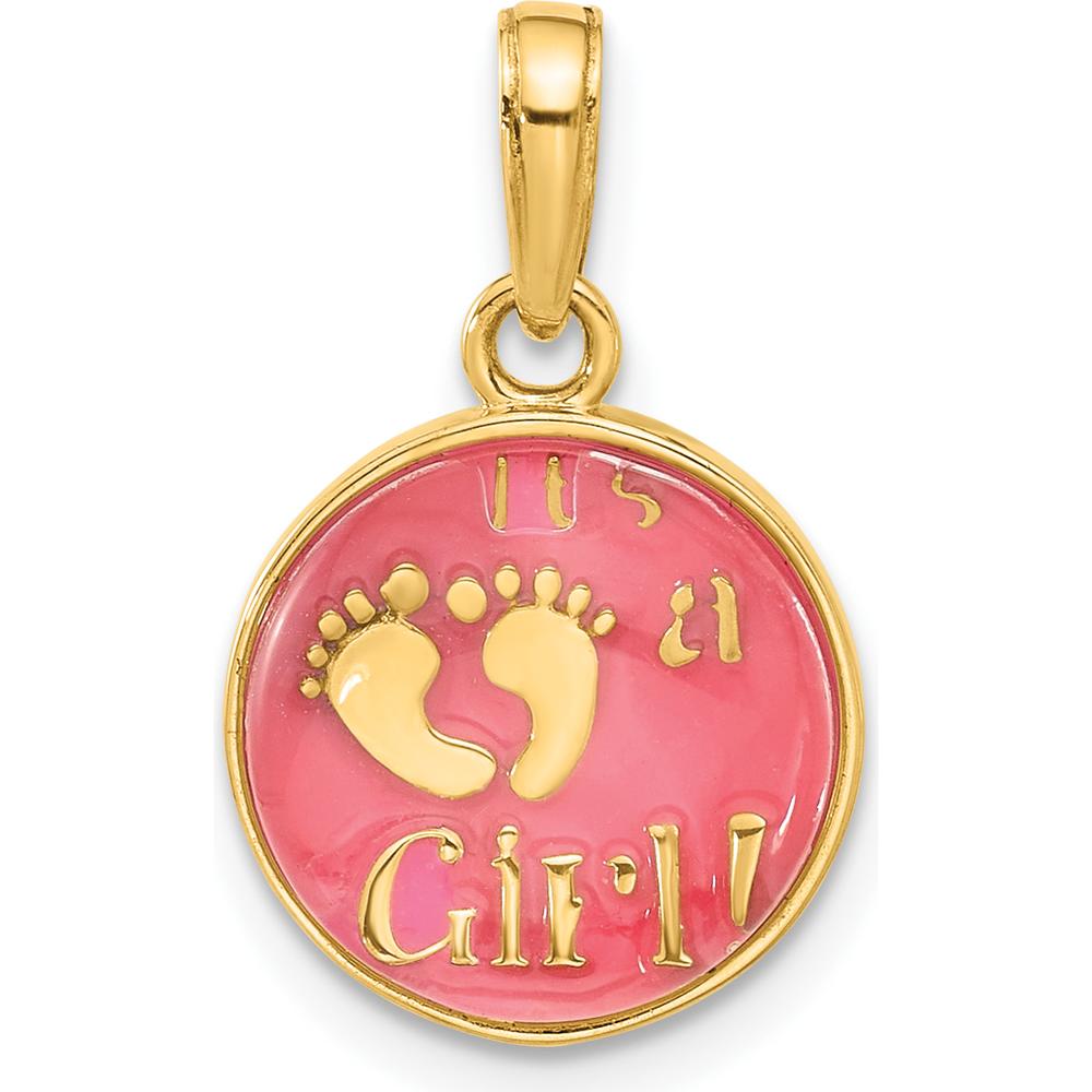 14K Yellow Gold "It's A Girl" Baby Feet Pendant with Pink Enamel Inlay by Oro Pregiato