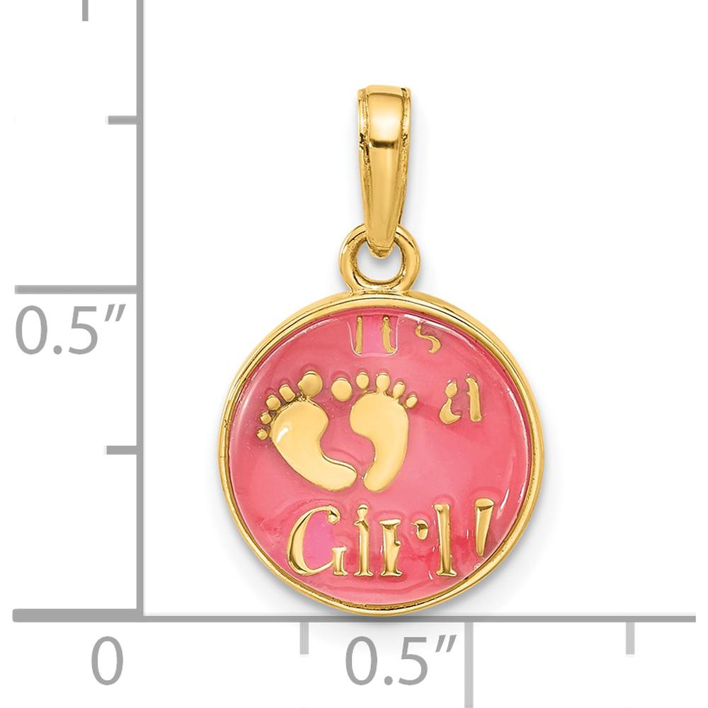 14K Yellow Gold "It's A Girl" Baby Feet Pendant with Pink Enamel Inlay by Oro Pregiato