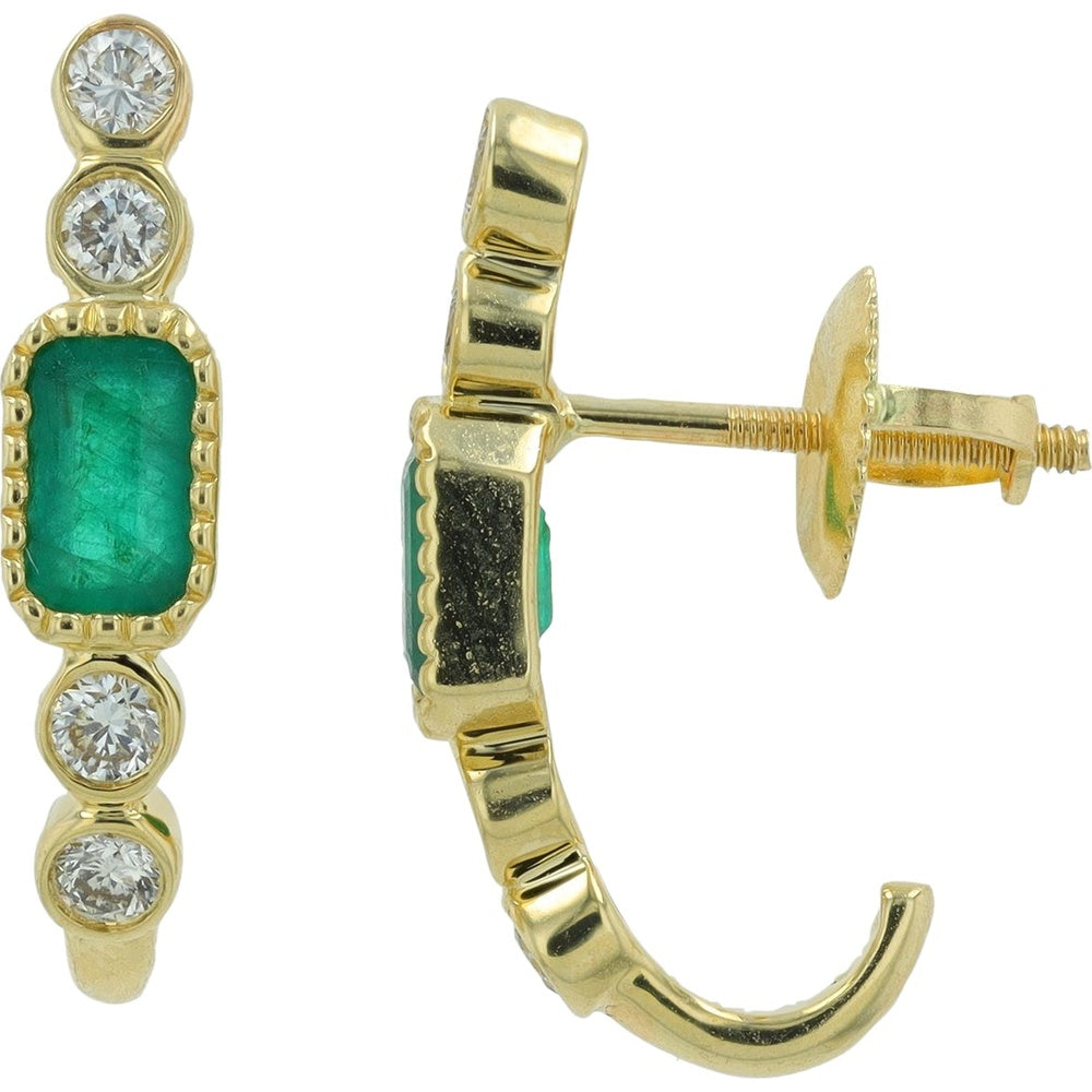 14K Yellow Gold J-Hoop Earrings with Bezel-Set Round Diamonds and Milgrain-Framed Emerald Centers - 0.60 Carat Total Emerald Weight and 0.26 Carat Total Diamond Weight
