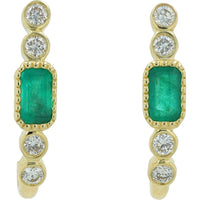 14K Yellow Gold J-Hoop Earrings with Bezel-Set Round Diamonds and Milgrain-Framed Emerald Centers - 0.60 Carat Total Emerald Weight and 0.26 Carat Total Diamond Weight
