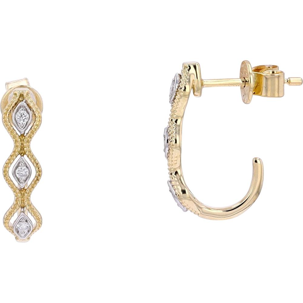 14K Yellow Gold J-Hoop Earrings with Diamonds and Marquise Milgrain Detail - 0.07 Carats Total Diamond Weight