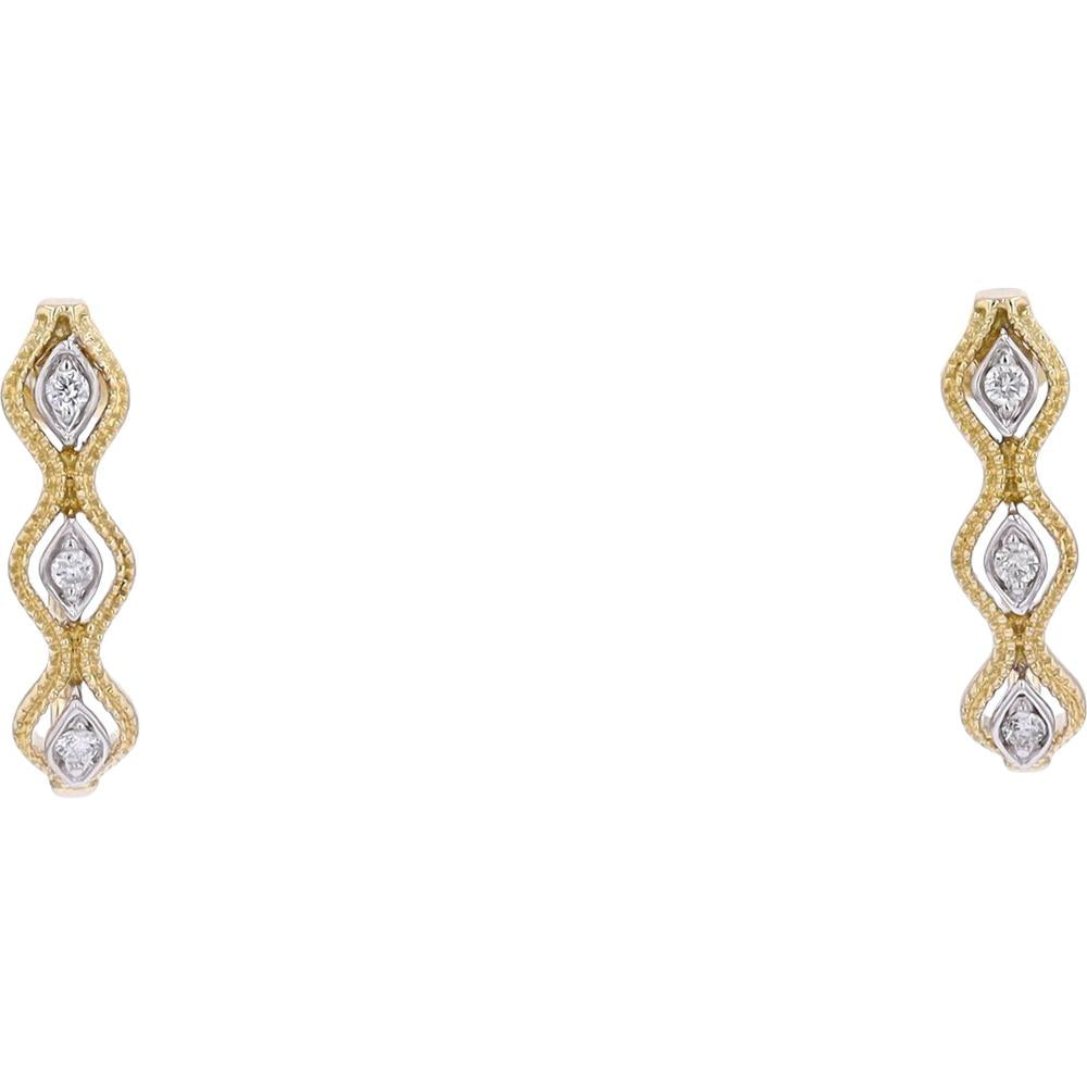 14K Yellow Gold J-Hoop Earrings with Diamonds and Marquise Milgrain Detail - 0.07 Carats Total Diamond Weight