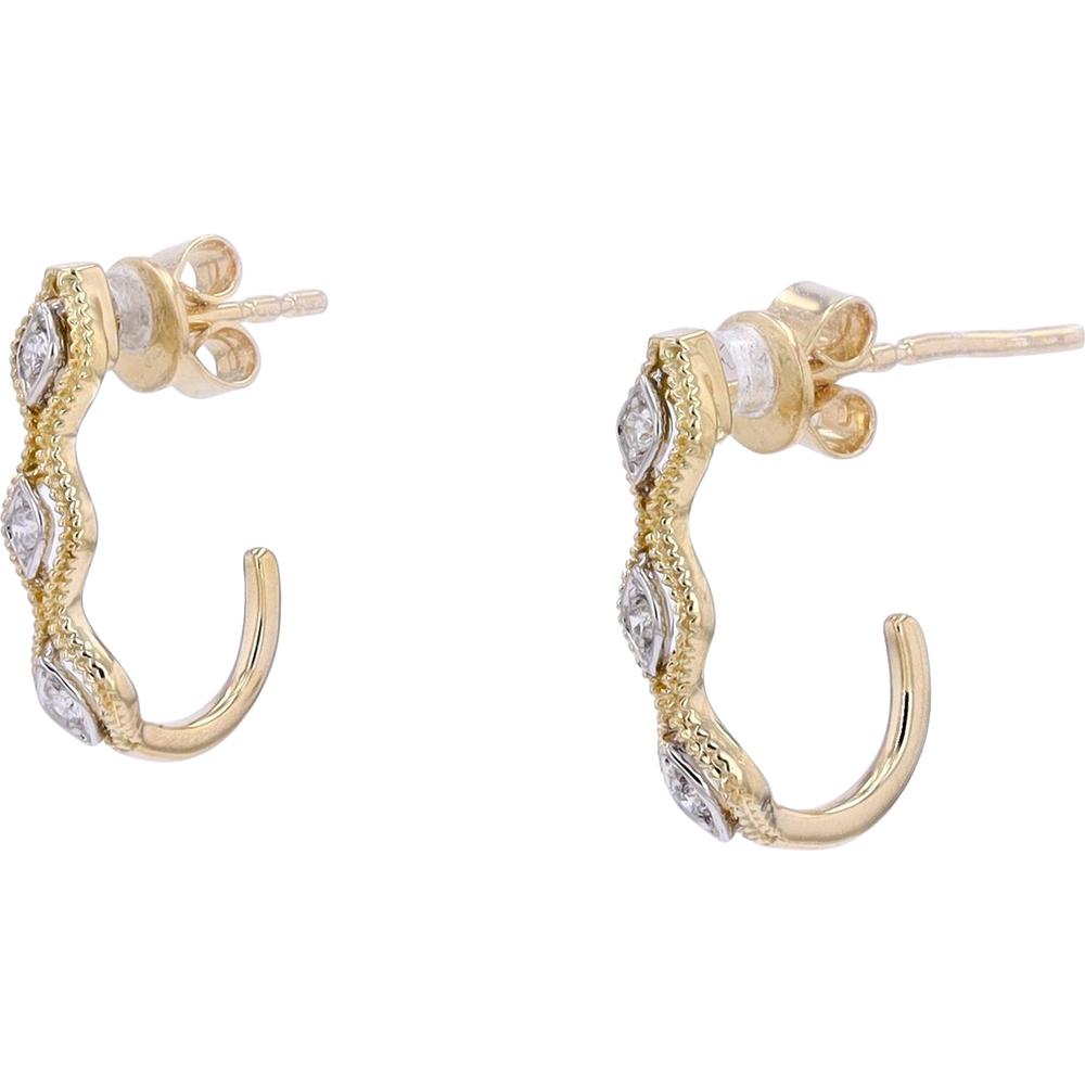 14K Yellow Gold J-Hoop Earrings with Diamonds and Marquise Milgrain Detail - 0.07 Carats Total Diamond Weight