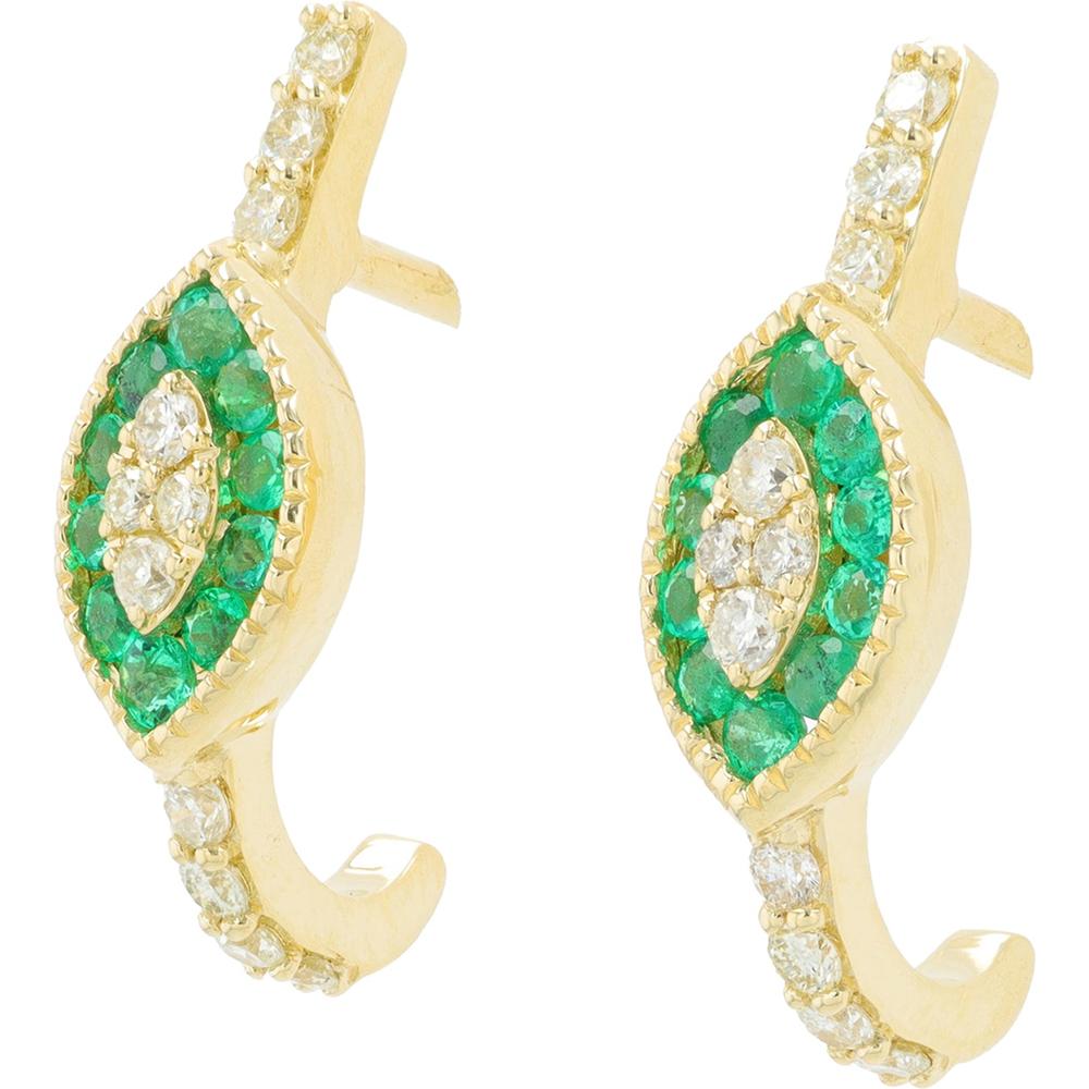 14K Yellow Gold J-Hoop Earrings with Emeralds and Diamond Accents - 0.36 Carat Total Gemstone Weight