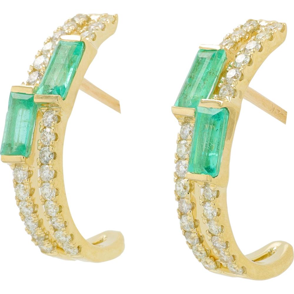 14K Yellow Gold J - Hoop Earrings with Prong - Set Emeralds - 0.36 Carat Total Emerald Weight, 0.26 Carat Total Diamond Weight