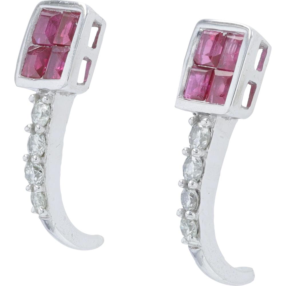 14K Yellow Gold J - Hoop Earrings with Square Cut Rubies and Diamonds - 0.27 Carat Ruby, 0.26 Carat Diamond Total Weight