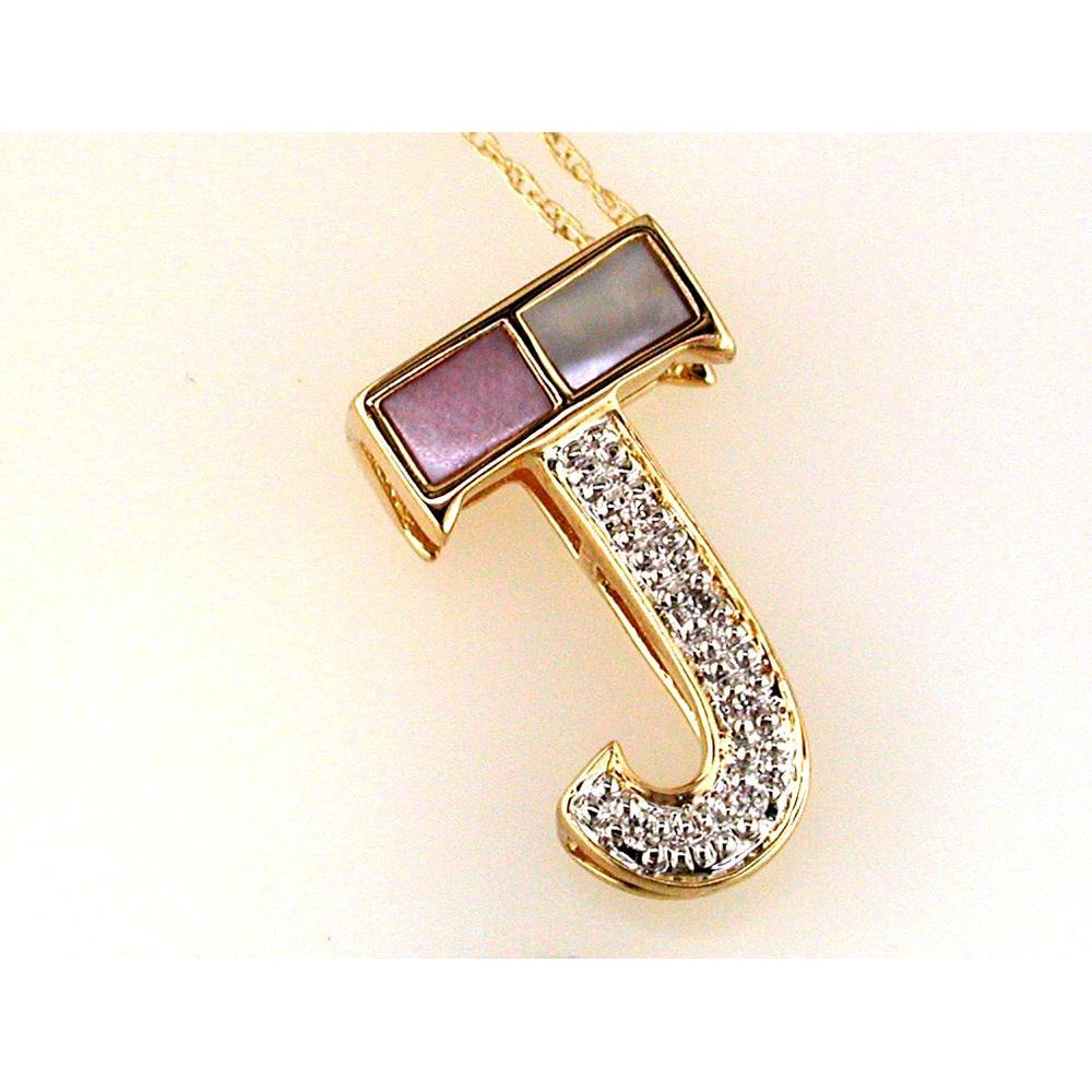 14K Yellow Gold J Initial Pendant with Mopal Inlay and Round Diamonds - 0.04 Carat Total Diamond Weight - Royal Jewelry