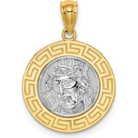 14K Yellow Gold Jesus Pendant with Greek Key Design and White Rhodium Plating by Oro Pregiato