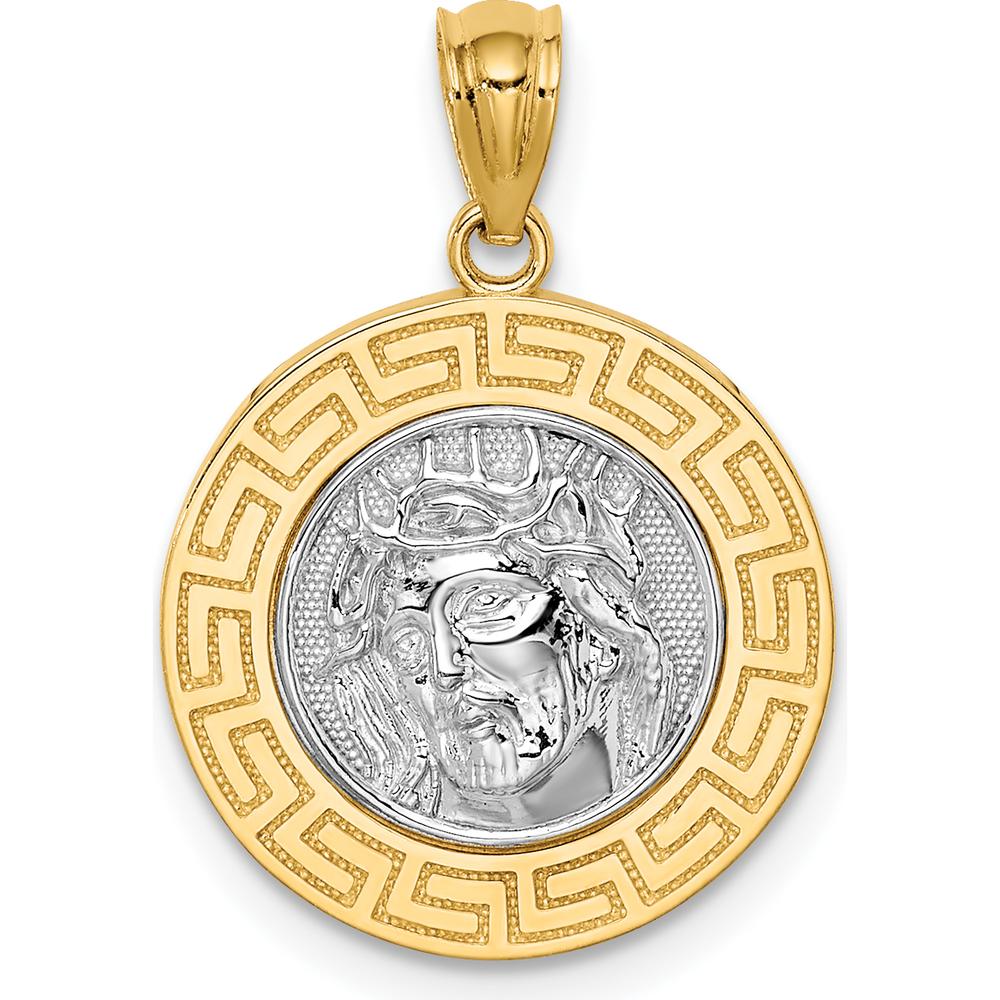 14K Yellow Gold Jesus Pendant with Greek Key Design and White Rhodium Plating by Oro Pregiato