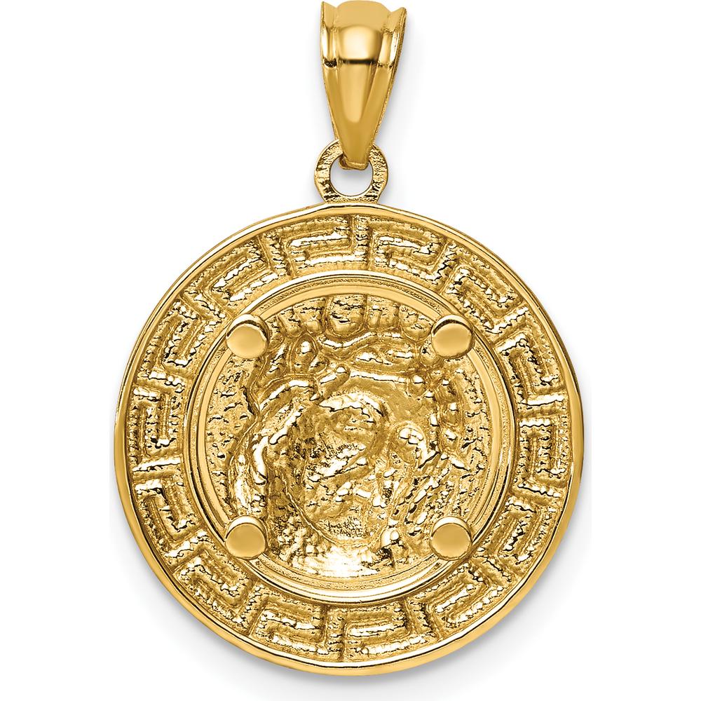 14K Yellow Gold Jesus Pendant with Greek Key Design and White Rhodium Plating by Oro Pregiato