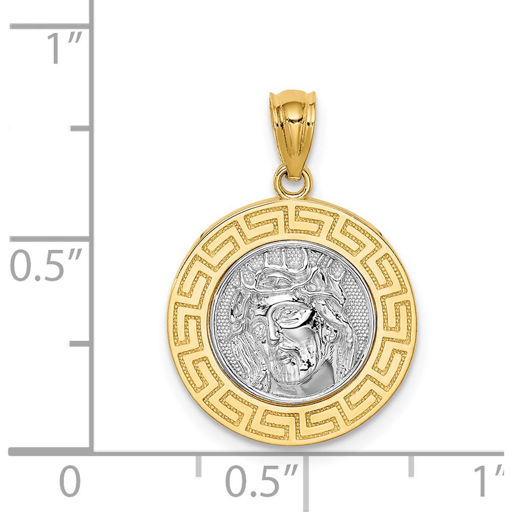 14K Yellow Gold Jesus Pendant with Greek Key Design and White Rhodium Plating by Oro Pregiato