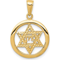 14K Yellow Gold Jewish Chai in Star of David Round Pendant - 25mm Length, 17mm Width by Oro Pregiato