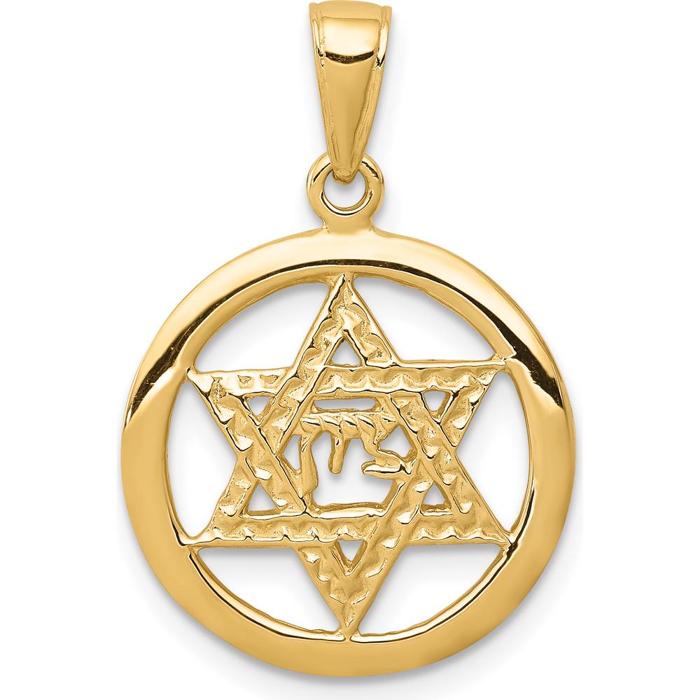 14K Yellow Gold Jewish Chai in Star of David Round Pendant - 25mm Length, 17mm Width by Oro Pregiato