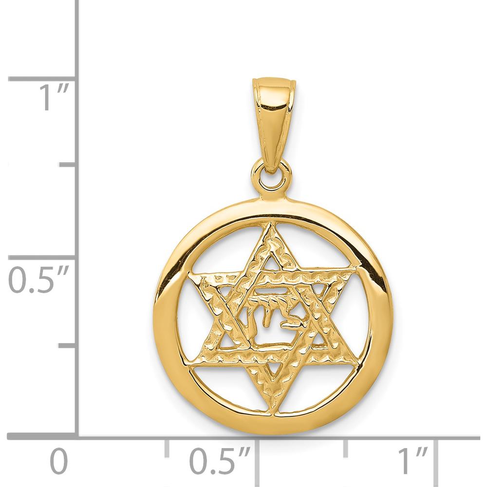 14K Yellow Gold Jewish Chai in Star of David Round Pendant - 25mm Length, 17mm Width by Oro Pregiato