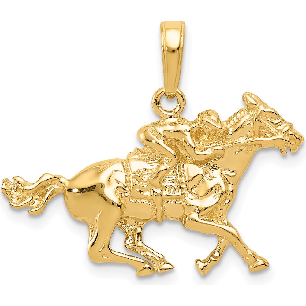 14K Yellow Gold Jockey on Horse Pendant - Solid Gold Equestrian Charm with Textured Finish by Oro Pregiato
