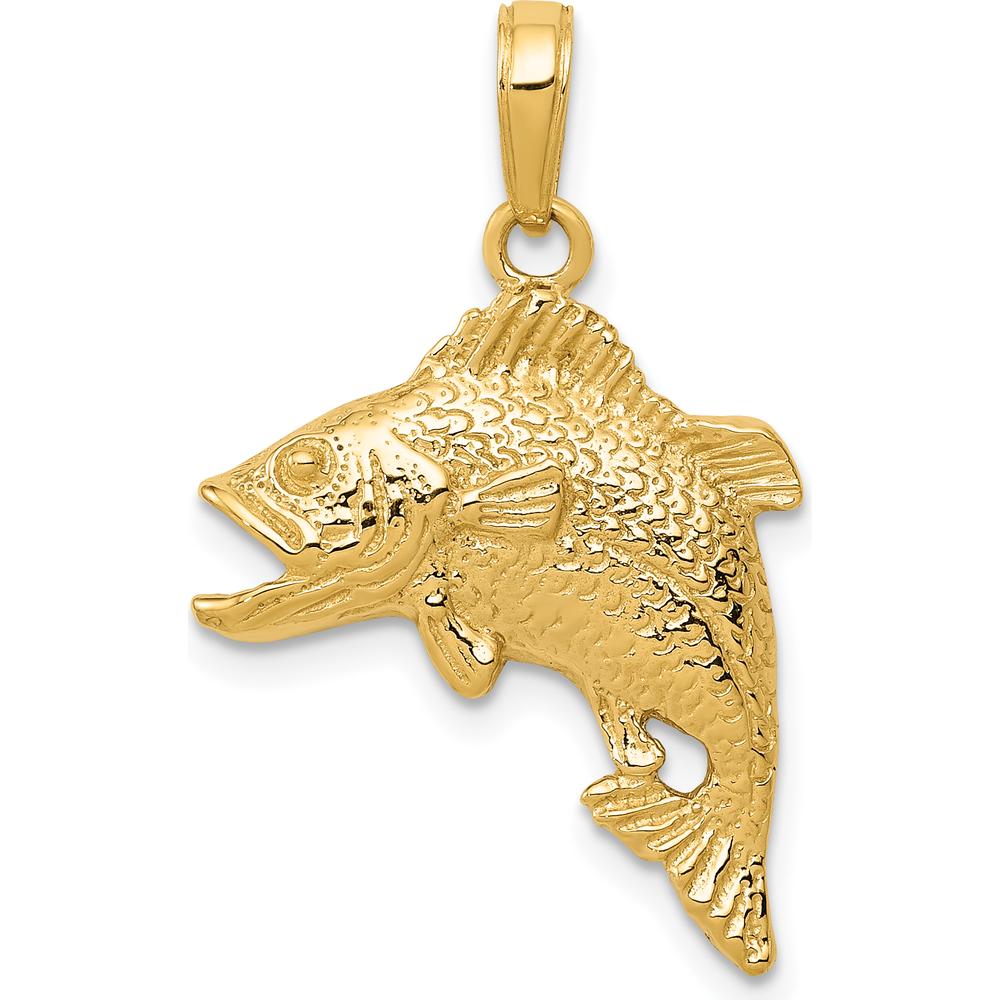 14K Yellow Gold Jumping Bass Fish Pendant - Solid Casted Gold Charm by Oro Pregiato
