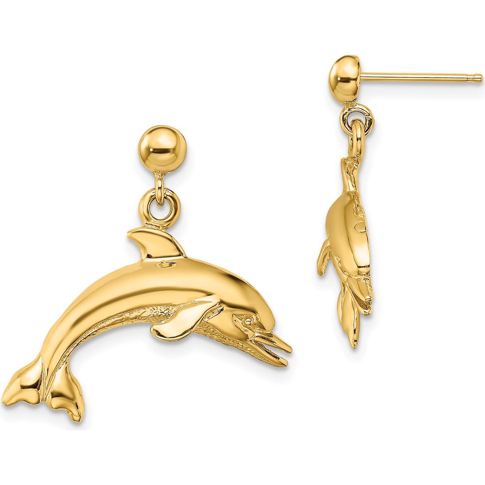 14K Yellow Gold Jumping Dolphin Dangle Earrings - Polished Finish by 0