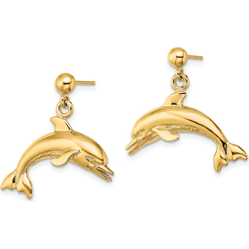 14K Yellow Gold Jumping Dolphin Dangle Earrings - Polished Finish by 0