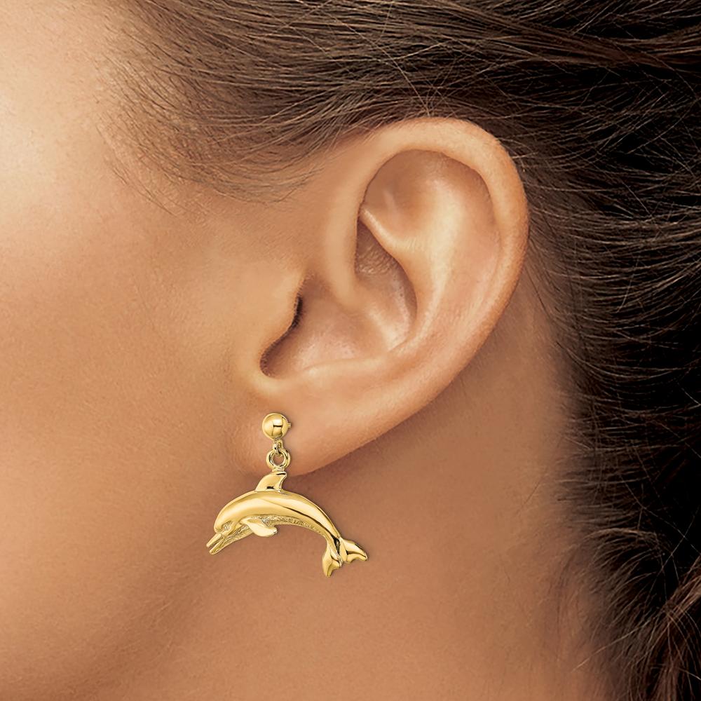 14K Yellow Gold Jumping Dolphin Dangle Earrings - Polished Finish by 0