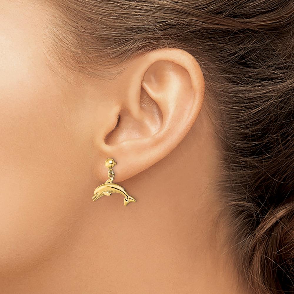 14K Yellow Gold Jumping Dolphin Dangle Earrings - Polished Finish by 0
