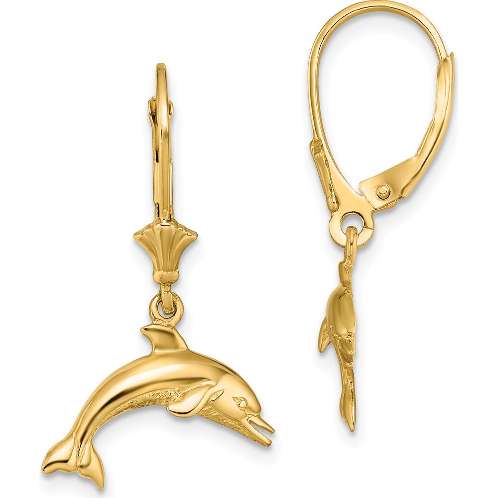 14K Yellow Gold Jumping Dolphin Leverback Drop Earrings by 0