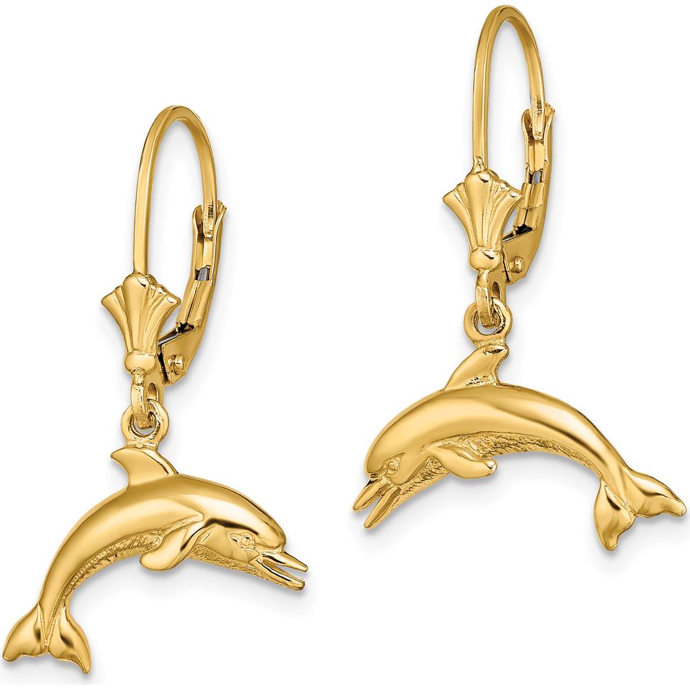 14K Yellow Gold Jumping Dolphin Leverback Drop Earrings by 0
