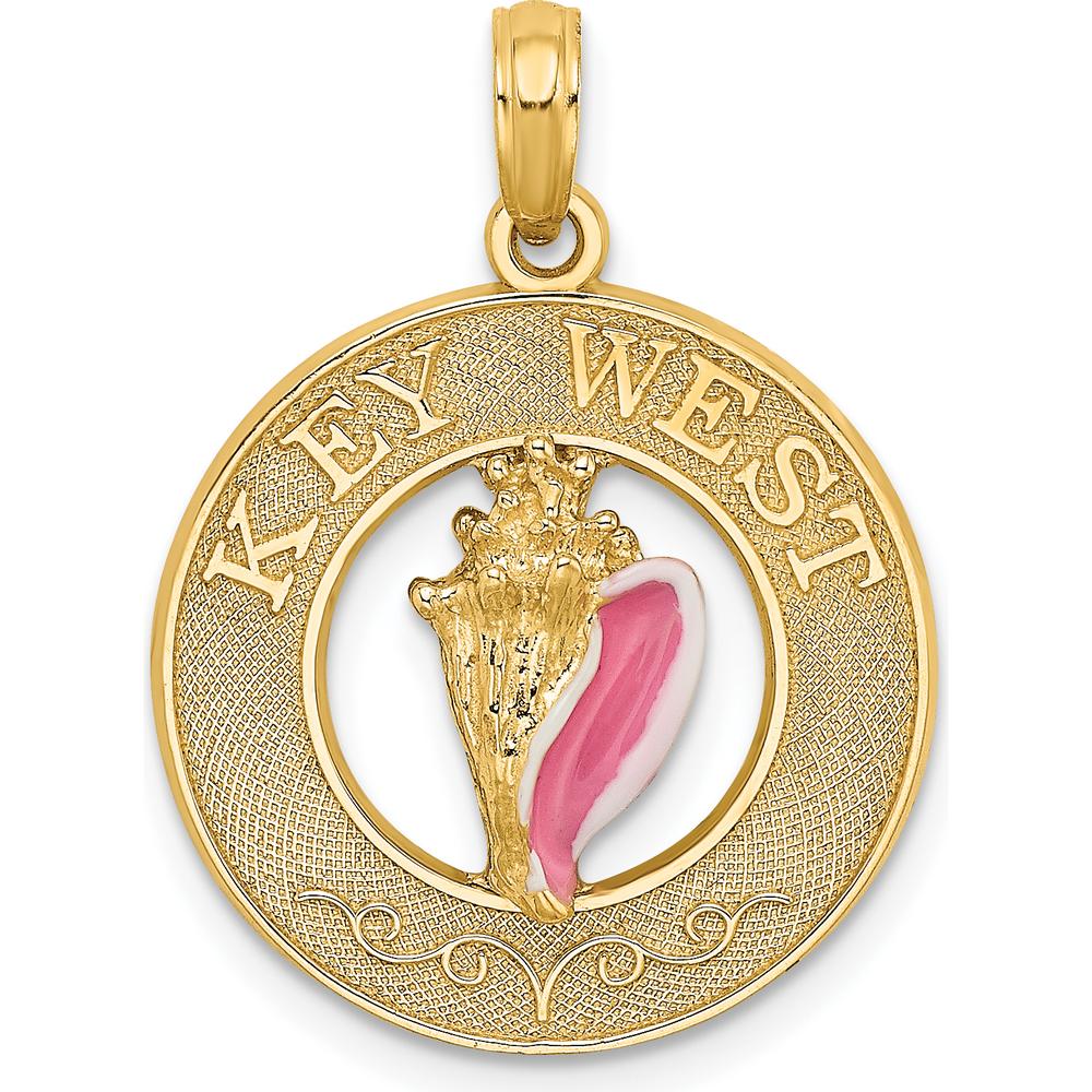14K Yellow Gold "KEY WEST" Circle Pendant with Enamel Conch Shell Charm - Polished Finish by Oro Pregiato