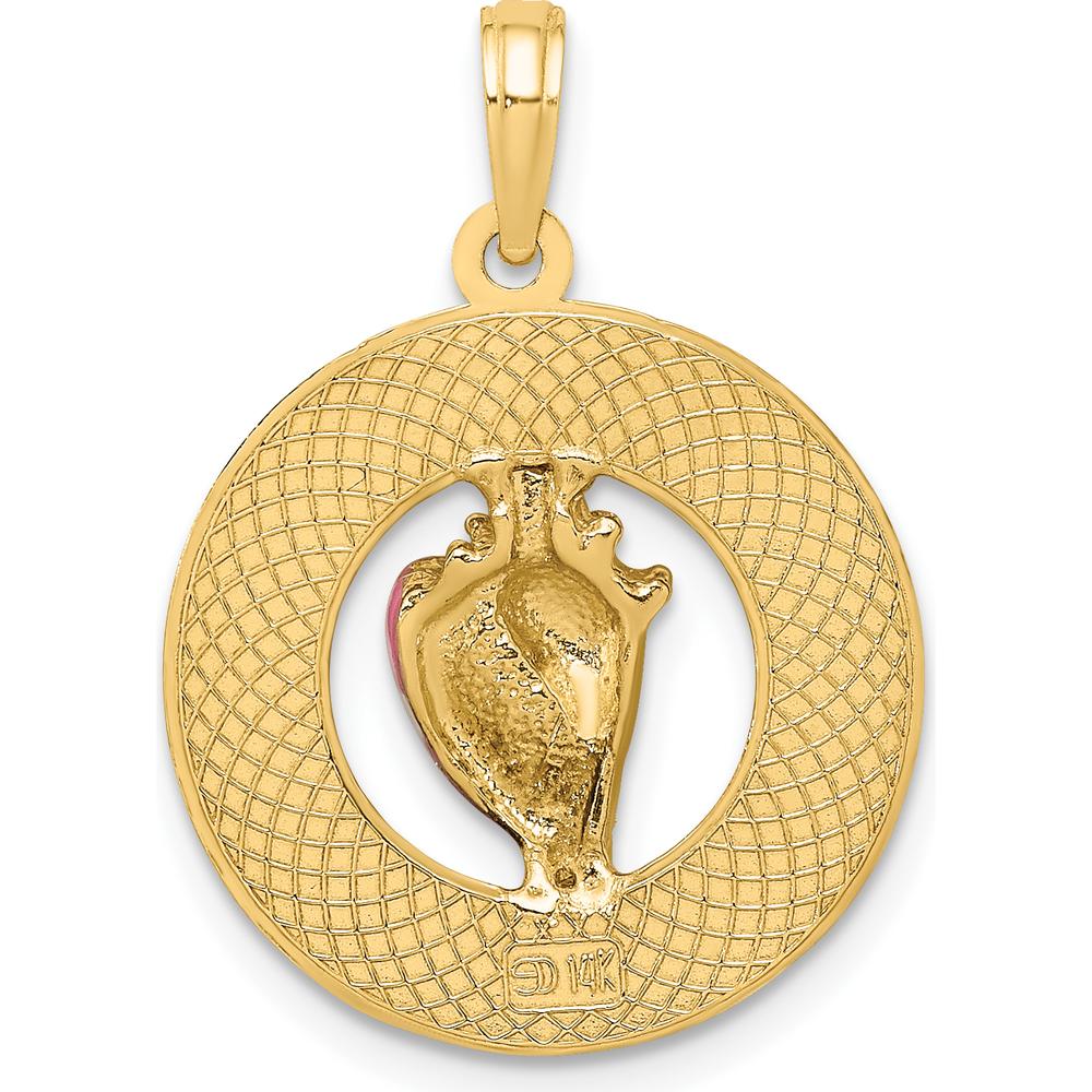 14K Yellow Gold "KEY WEST" Circle Pendant with Enamel Conch Shell Charm - Polished Finish by Oro Pregiato