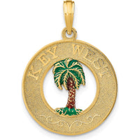 14K Yellow Gold Key West Palm Tree Enameled Circle Pendant Charm by Oro Pregiato