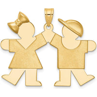 14K Yellow Gold Kids Solid Engravable Medium Girl and Boy Holding Hands Charm - 26mm x 35mm by Oro Pregiato