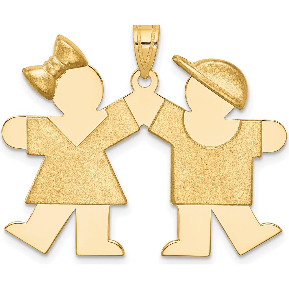 14K Yellow Gold Kids Solid Engravable Medium Girl and Boy Holding Hands Charm - 26mm x 35mm by Oro Pregiato