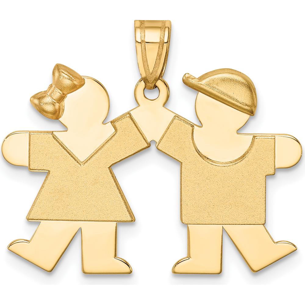 14K Yellow Gold Kids Solid Engravable Small Boy and Girl Holding Hands Charm - 22mm x 26mm by Oro Pregiato