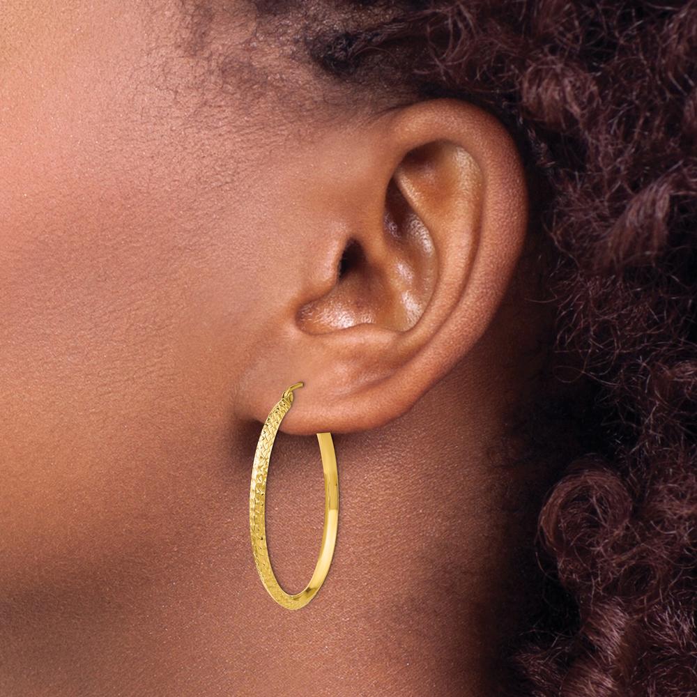 14K Yellow Gold Knife Edge Diamond-Cut Hollow Hoop Earrings - 35mm Length by 0