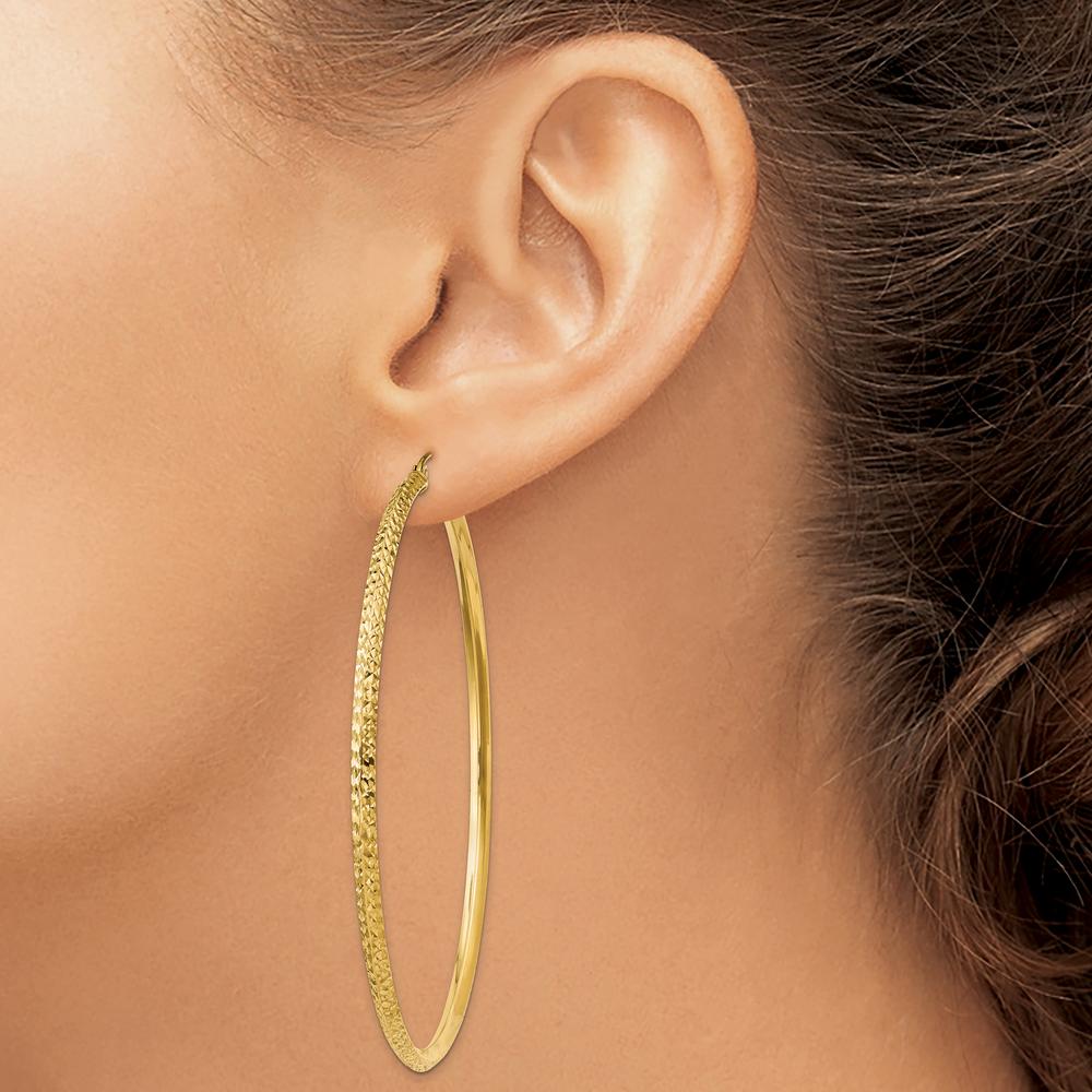 14K Yellow Gold Knife Edge Diamond-Cut Hollow Hoop Earrings - 65mm Length by 0