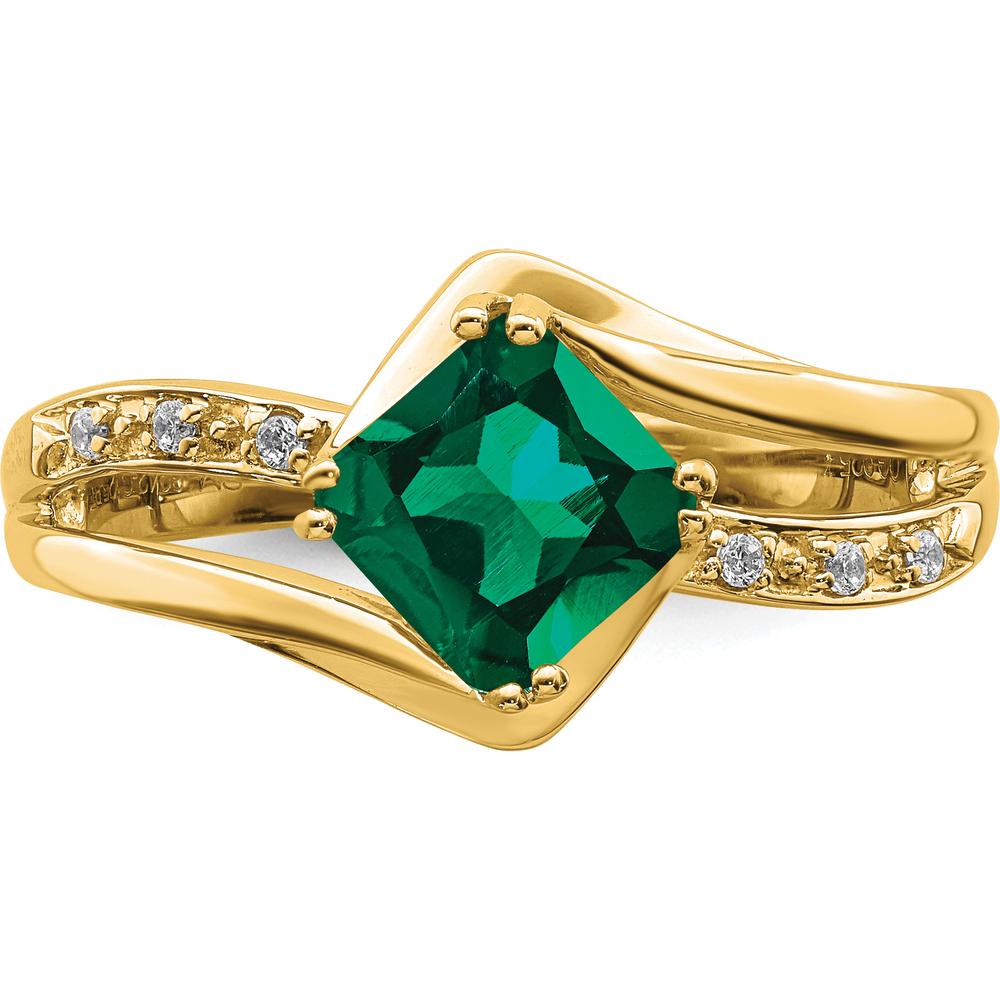 14K Yellow Gold Lab Created Emerald and Diamond Ring with Cushion Cut Emerald - 0.82 Carat Total Emerald Weight by 0