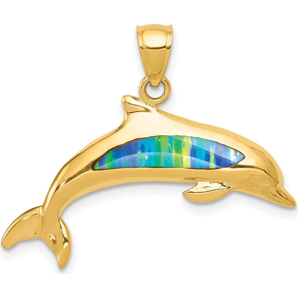 14K Yellow Gold Lab Created Opal Dolphin Pendant - Playful Ocean Inspired Charm by Oro Pregiato