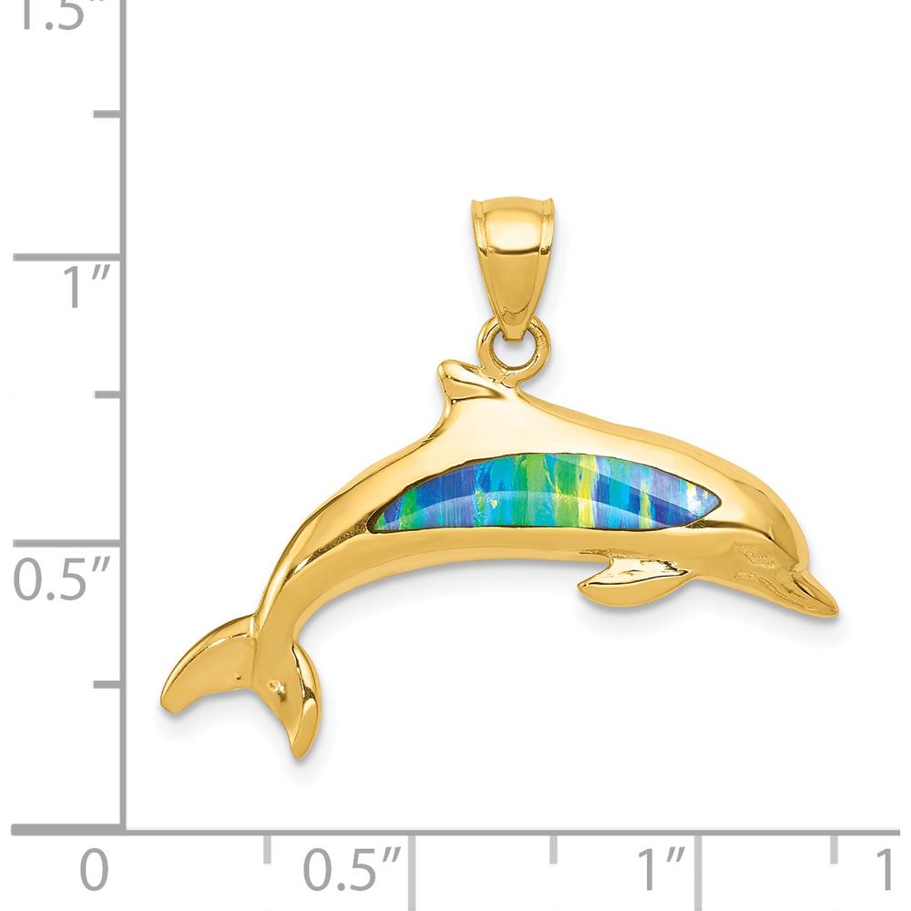 14K Yellow Gold Lab Created Opal Dolphin Pendant - Playful Ocean Inspired Charm by Oro Pregiato