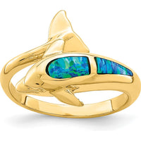 14K Yellow Gold Lab Created Opal Dolphin Ring with Tapered Band by 0