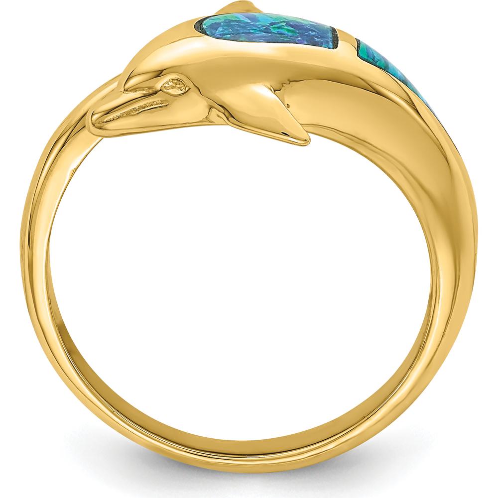 14K Yellow Gold Lab Created Opal Dolphin Ring with Tapered Band by 0