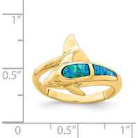 14K Yellow Gold Lab Created Opal Dolphin Ring with Tapered Band by 0