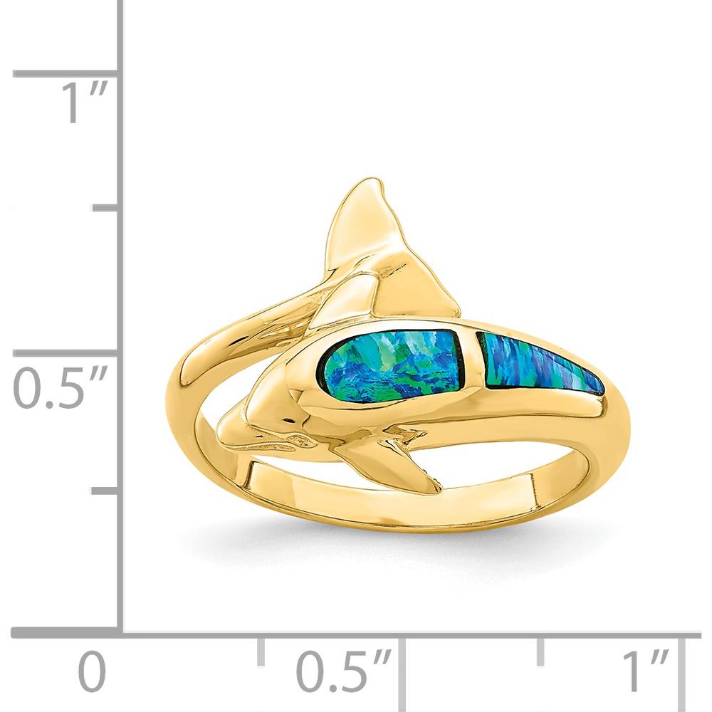 14K Yellow Gold Lab Created Opal Dolphin Ring with Tapered Band by 0