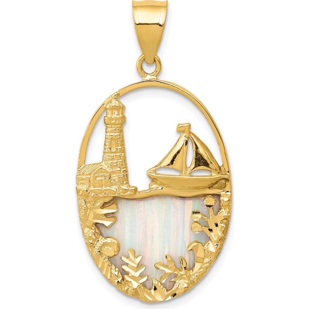 14K Yellow Gold Lab Created Opal Lighthouse and Sailboat Pendant - 37mm Length by Oro Pregiato