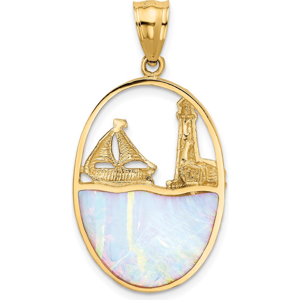14K Yellow Gold Lab Created Opal Lighthouse and Sailboat Pendant - 37mm Length by Oro Pregiato