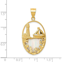 14K Yellow Gold Lab Created Opal Lighthouse and Sailboat Pendant - 37mm Length by Oro Pregiato
