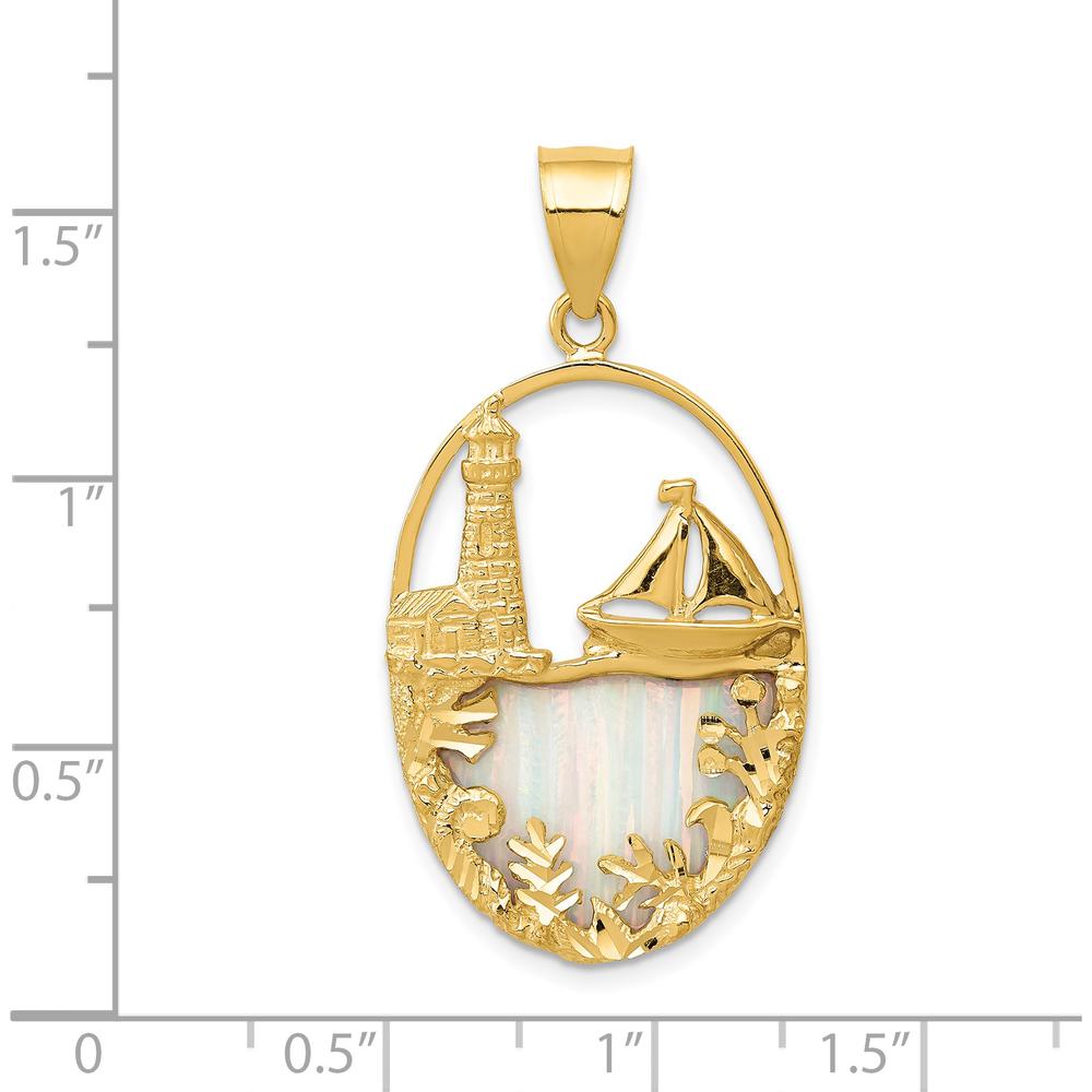 14K Yellow Gold Lab Created Opal Lighthouse and Sailboat Pendant - 37mm Length by Oro Pregiato