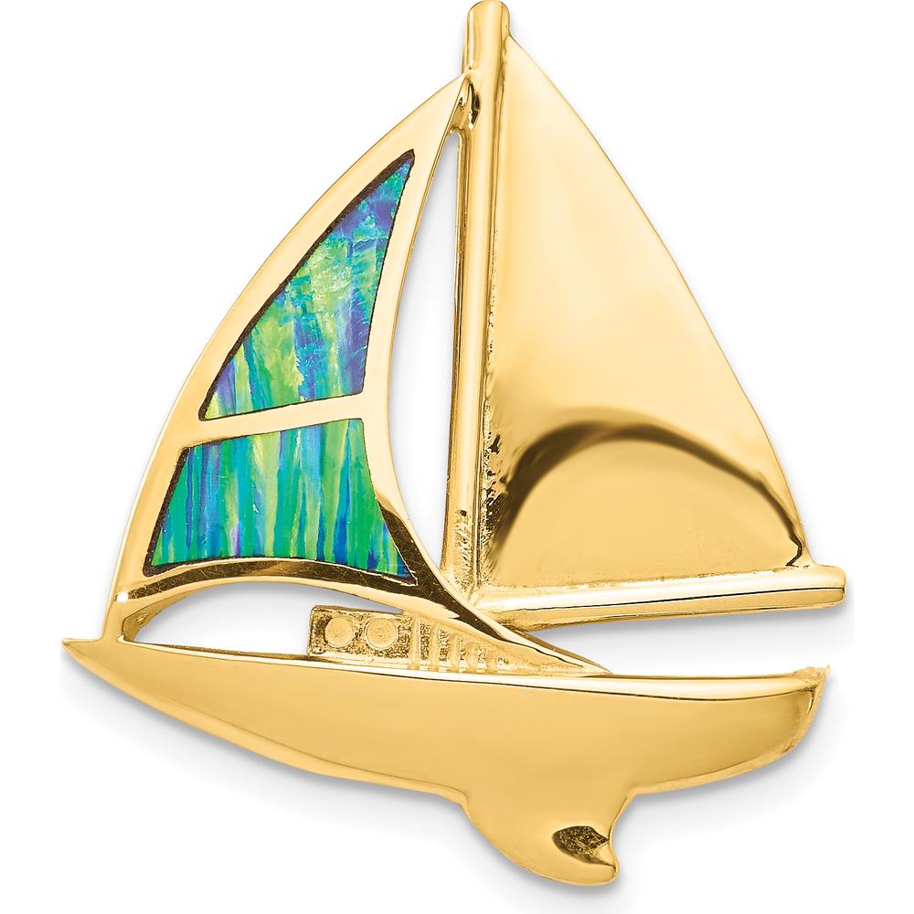 14K Yellow Gold Lab Created Opal Sailboat Omega Slide Pendant - 28mm Length by Oro Pregiato