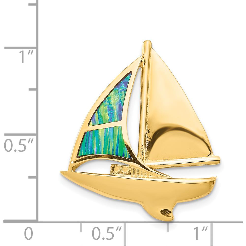 14K Yellow Gold Lab Created Opal Sailboat Omega Slide Pendant - 28mm Length by Oro Pregiato