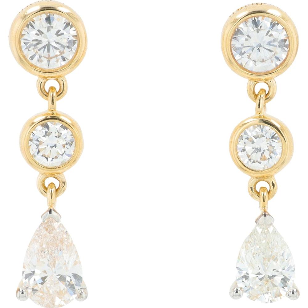 14K Yellow Gold Lab Grown Diamond Dangle Earrings with Round and Pear-Shaped Diamonds - 1.25 Carat Total Diamond Weight